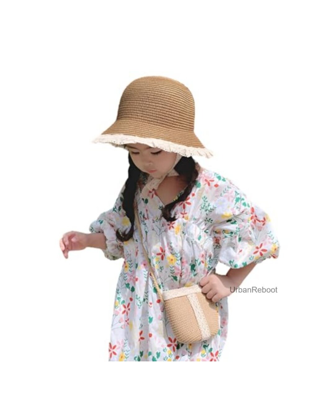 Girls Straw Sun Hat Mini Bag Set Lace Floppy Wide Brim UV Protection